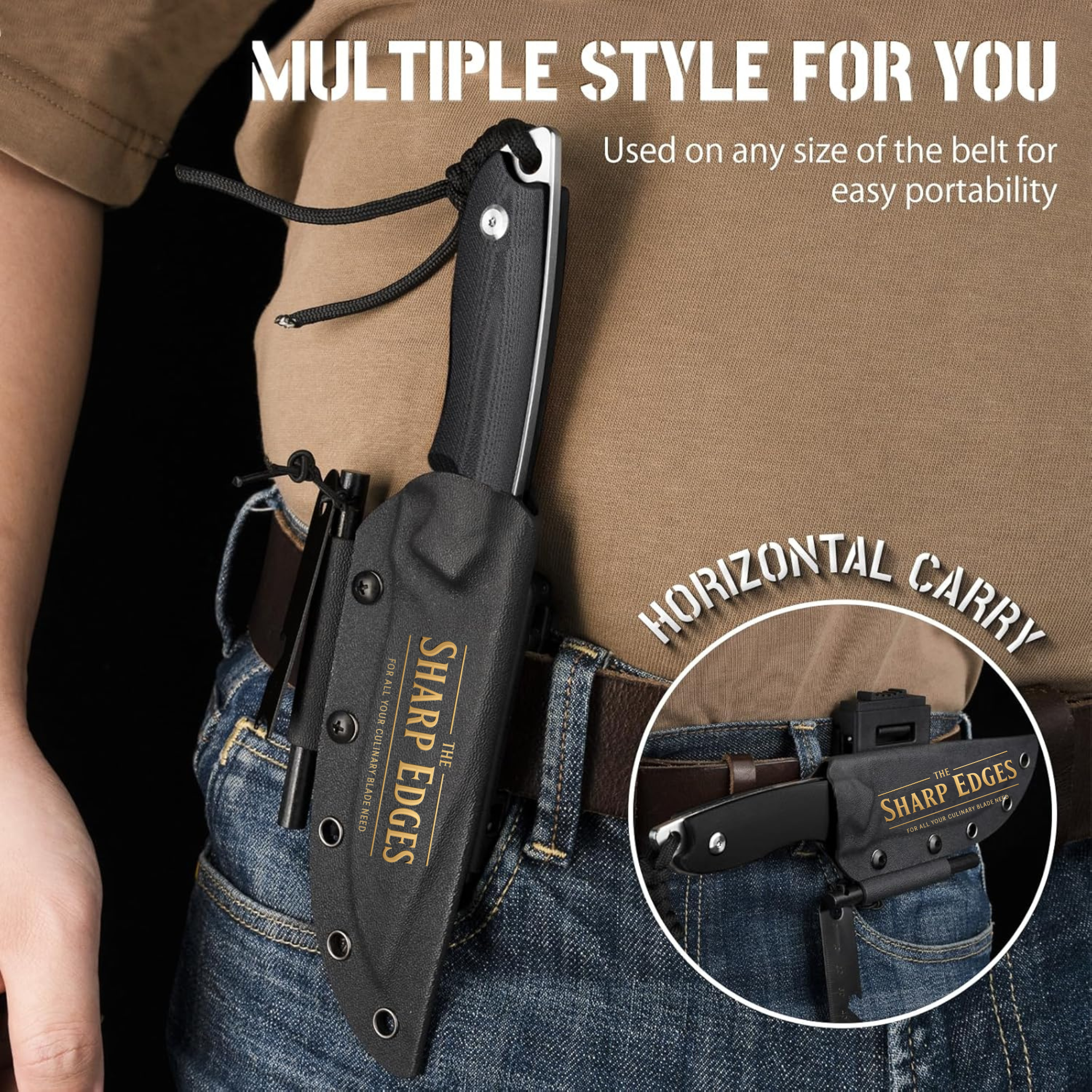 Survival Knife with Fire Starter and Kydex Sheath, 9.25" Full Tang Fixed Blade Camping Knife with Sheath Horizontal & Vertical, Bushcraft Knife with G10 Handle for Outdoor, Hunting, Fishing