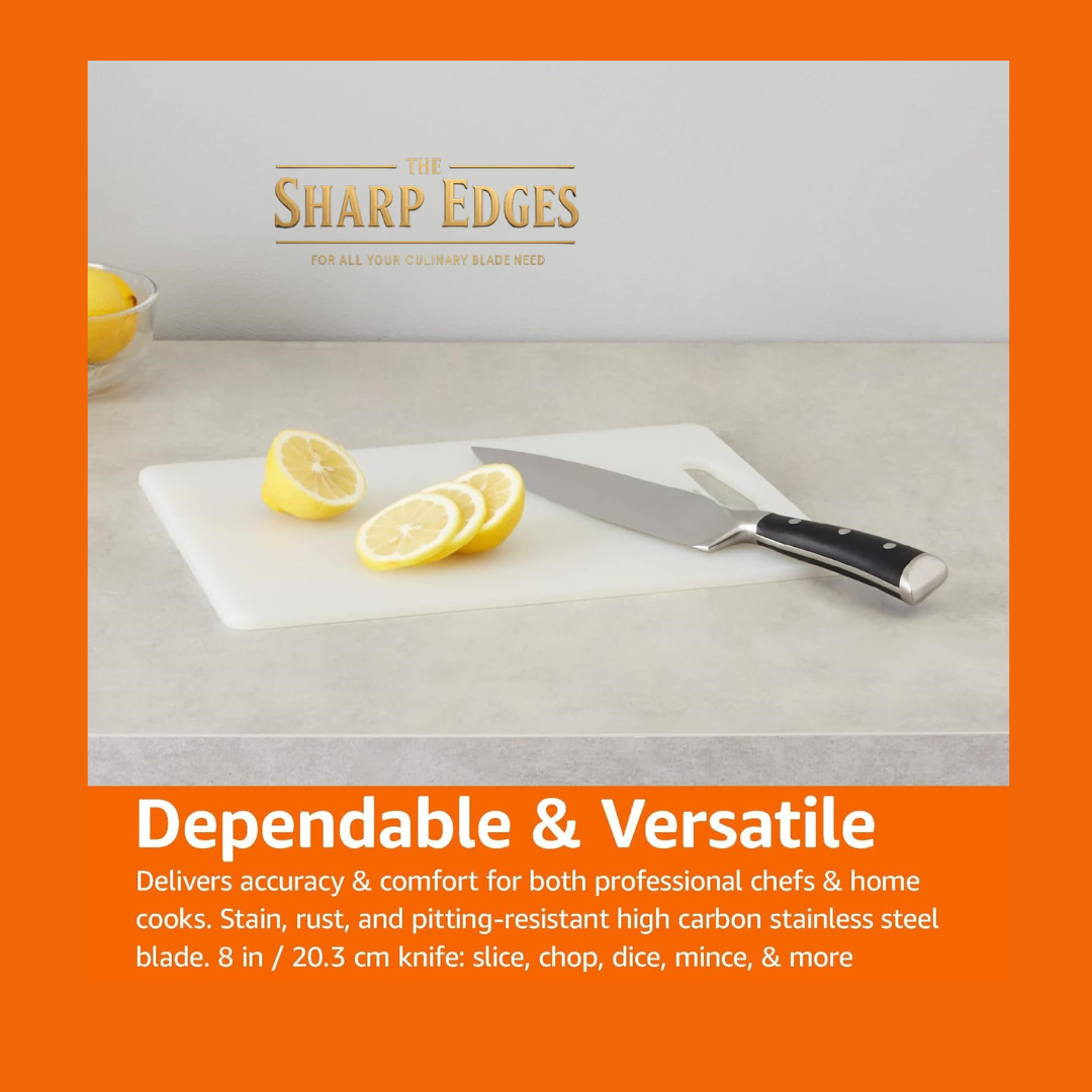 Professional 8 Inch German Chef Knife - Long Lasting Razor Sharp Blade, High Carbon Stainless Steel Home & Restaurant Knife, Full Tang Round Grip, Gift Box