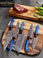 5-Piece Diamond-Hammered Damascus Knife Set, Blue Pakkawood Handle - Chef, Santoku, Paring - Leather Knife Roll - Knife Care Kit