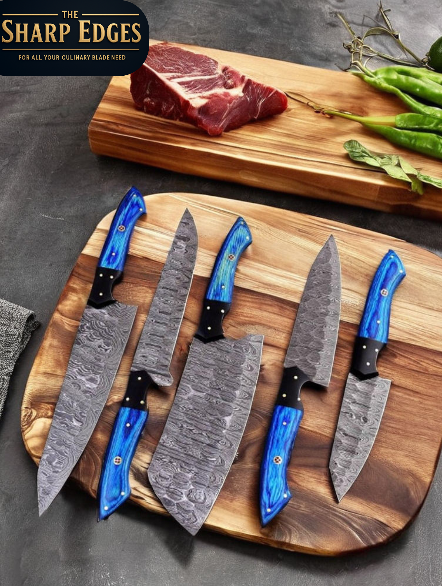 5-Piece Diamond-Hammered Damascus Knife Set, Blue Pakkawood Handle - Chef, Santoku, Paring - Leather Knife Roll - Knife Care Kit