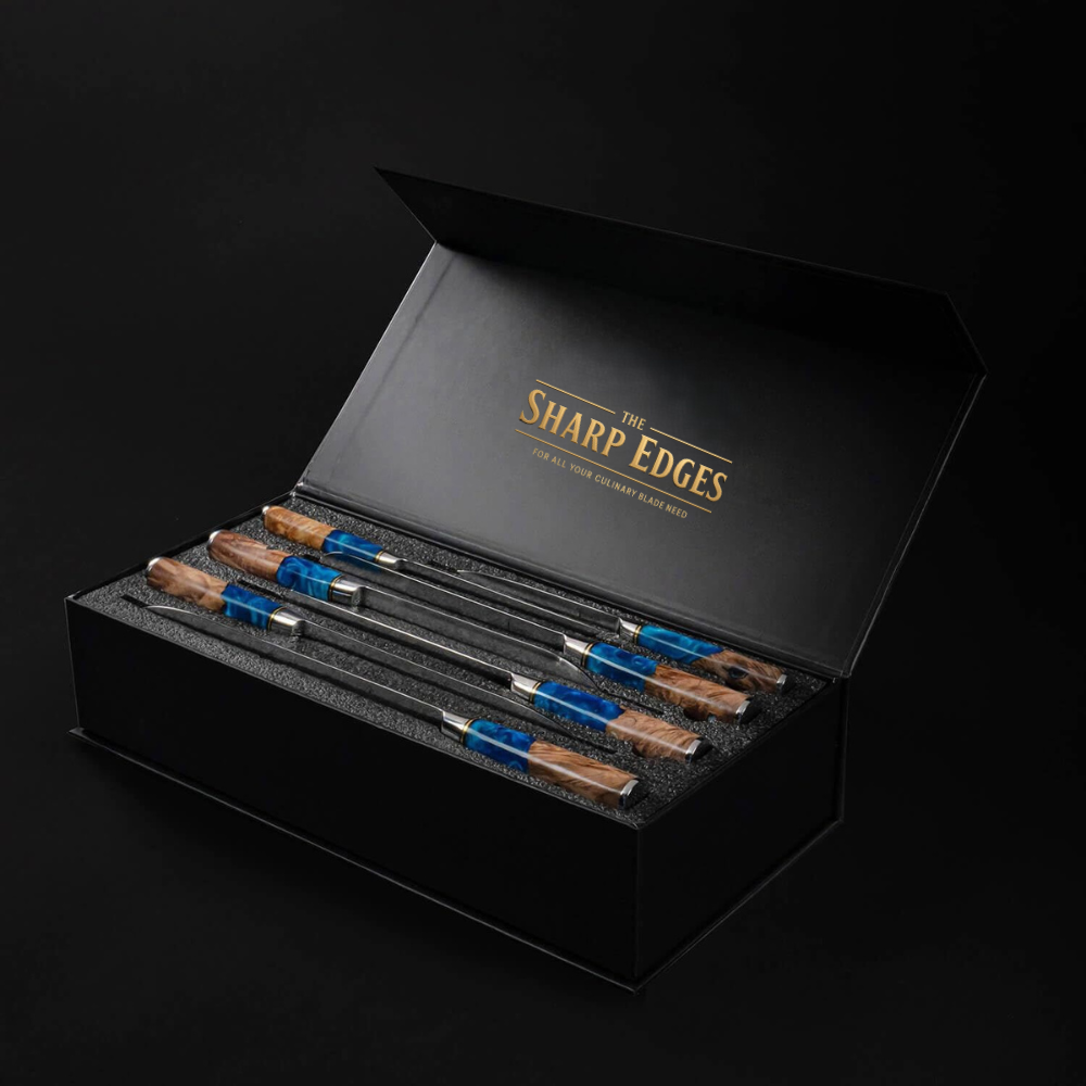 Premium Damascus Steel Kitchen Knife Set – 7 Piece Professional Chef Collection with Resin & Burl Wood Handles | The Sharp Edges