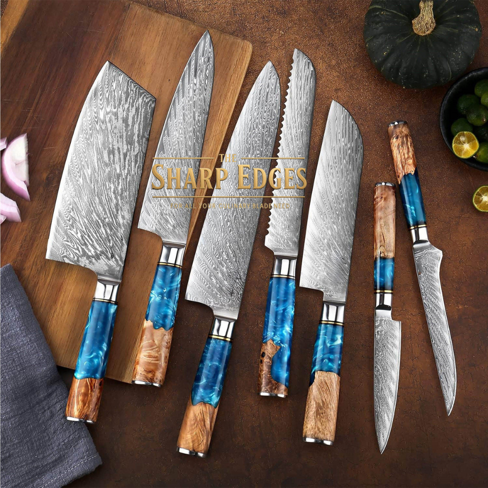 Premium Damascus Steel Kitchen Knife Set – 7 Piece Professional Chef Collection with Resin & Burl Wood Handles | The Sharp Edges