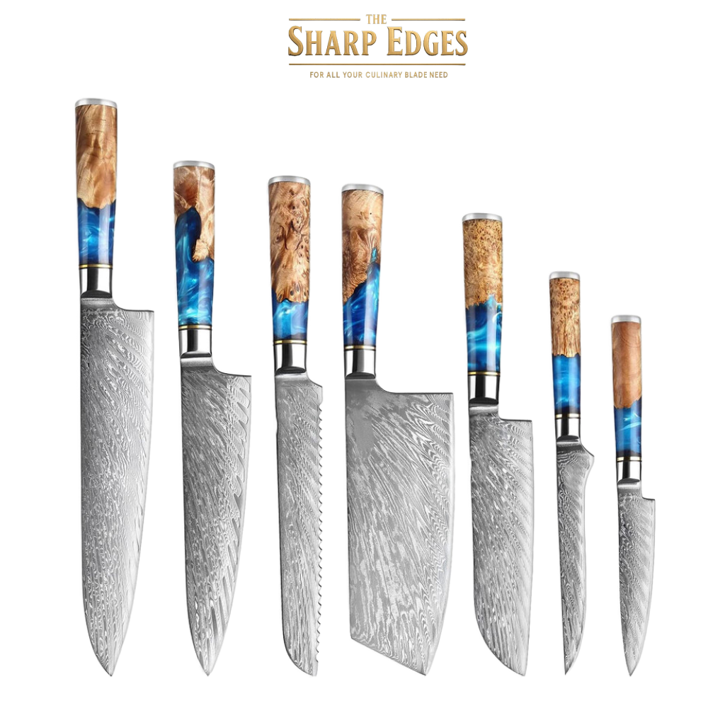 Premium Damascus Steel Kitchen Knife Set – 7 Piece Professional Chef Collection with Resin & Burl Wood Handles | The Sharp Edges