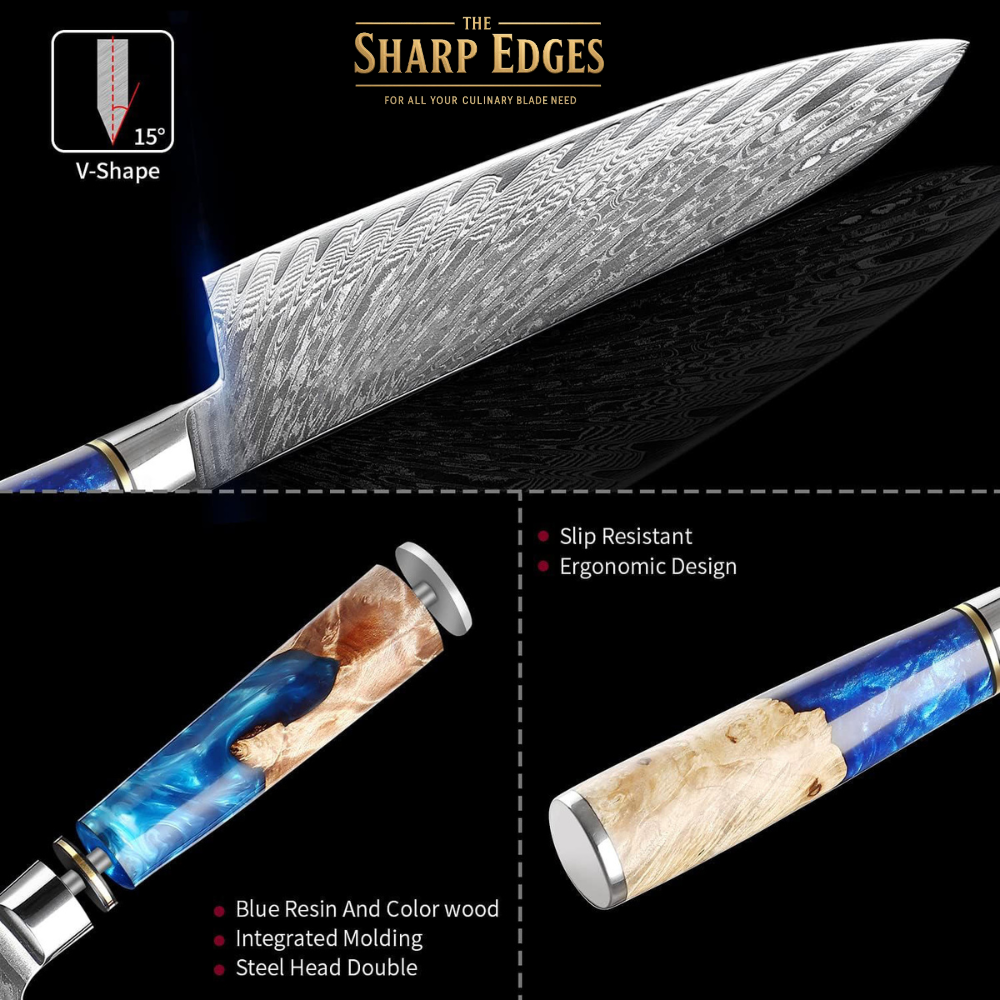 Premium Damascus Steel Kitchen Knife Set – 7 Piece Professional Chef Collection with Resin & Burl Wood Handles | The Sharp Edges