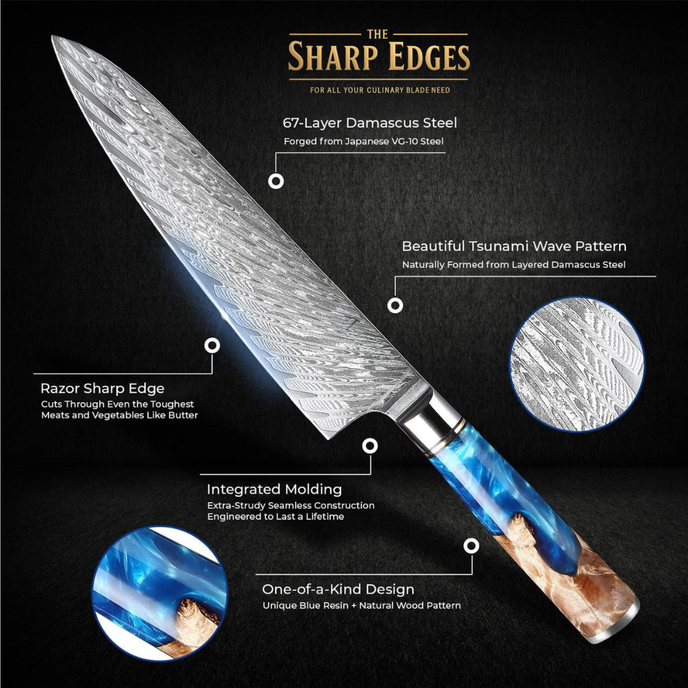 Premium Damascus Steel Kitchen Knife Set – 7 Piece Professional Chef Collection with Resin & Burl Wood Handles | The Sharp Edges