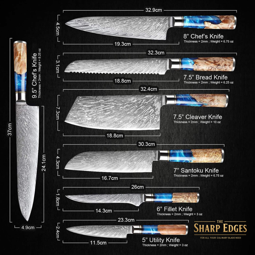Premium Damascus Steel Kitchen Knife Set – 7 Piece Professional Chef Collection with Resin & Burl Wood Handles | The Sharp Edges