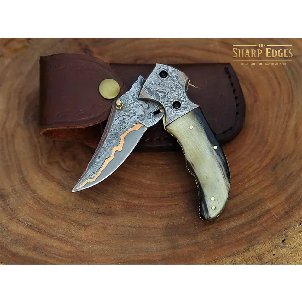 COPPER DAMASCUS STEEL Pocket Knife Handmade Horn Handle Folding Knife Unique and Personalized Gift-