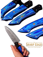 5-Piece Diamond-Hammered Damascus Knife Set, Blue Pakkawood Handle - Chef, Santoku, Paring - Leather Knife Roll - Knife Care Kit