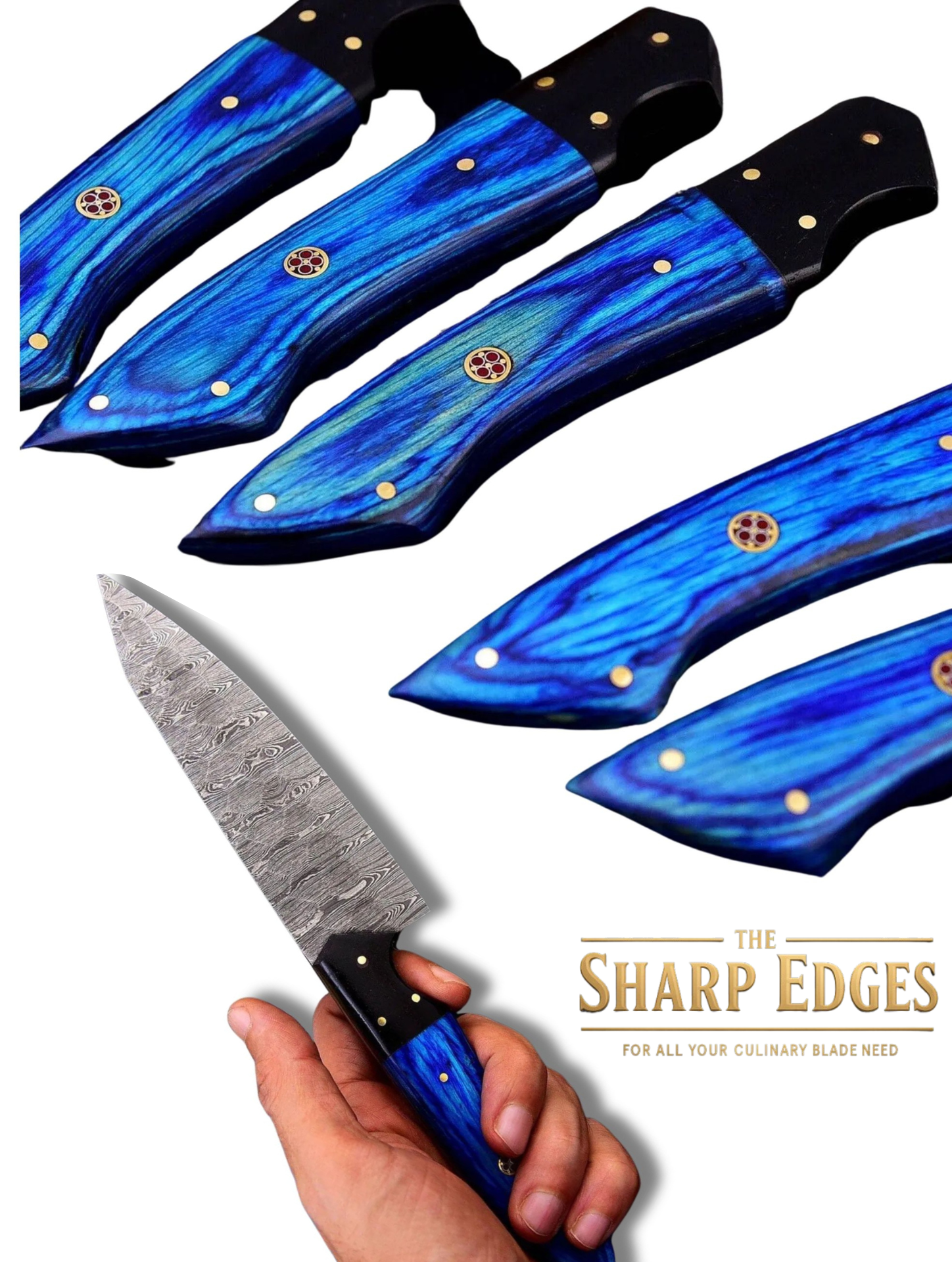 5-Piece Diamond-Hammered Damascus Knife Set, Blue Pakkawood Handle - Chef, Santoku, Paring - Leather Knife Roll - Knife Care Kit