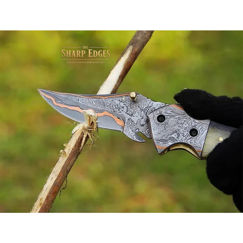 COPPER DAMASCUS STEEL Pocket Knife Handmade Horn Handle Folding Knife Unique and Personalized Gift-