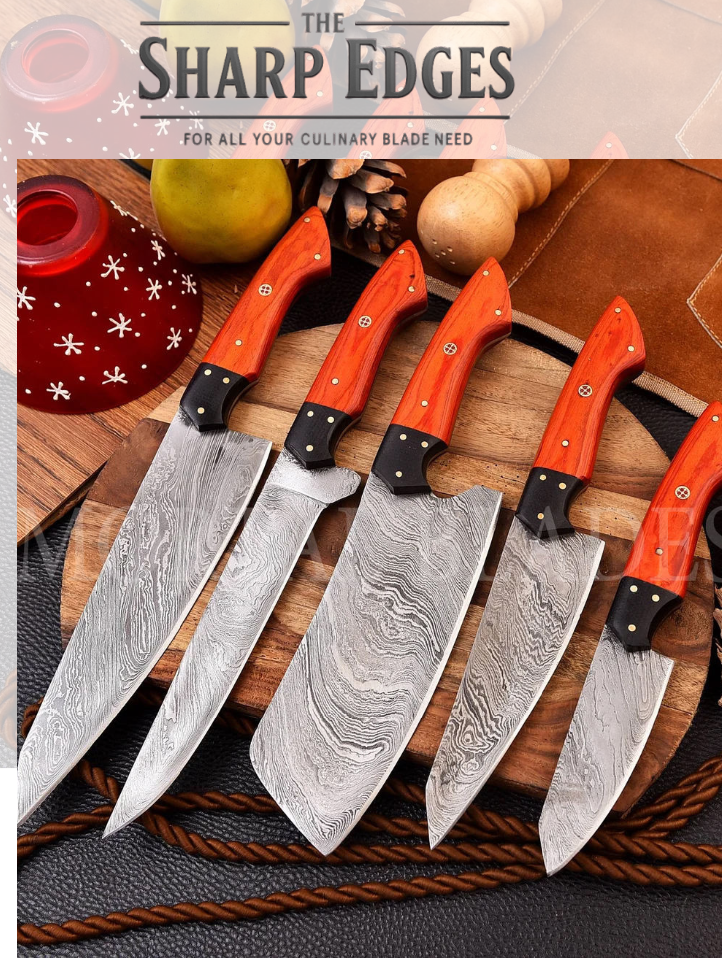 5-Piece Diamond-Hammered Damascus Knife Set, Blue Pakkawood Handle - Chef, Santoku, Paring - Leather Knife Roll - Knife Care Kit