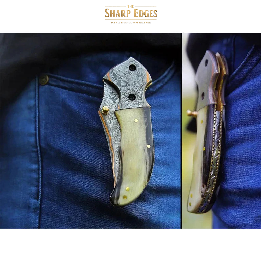 COPPER DAMASCUS STEEL Pocket Knife Handmade Horn Handle Folding Knife Unique and Personalized Gift-