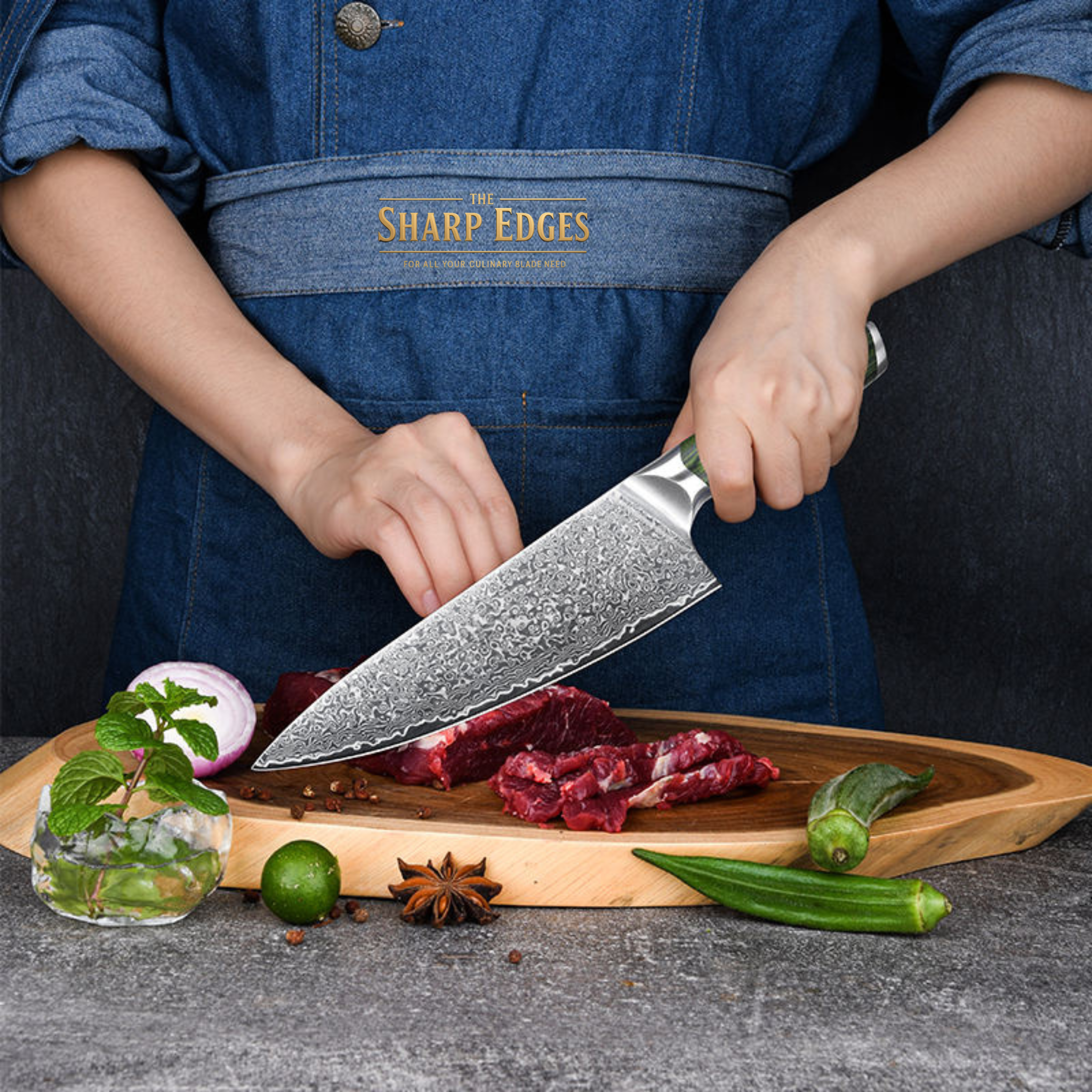 Damascus Chef Knife 8 Inch, Professional Japanese Kitchen Knives Sharp High Carbon Super Steel with Ergonomic Pakkawood Handles, Elegant Gift Box Packaging (Green)