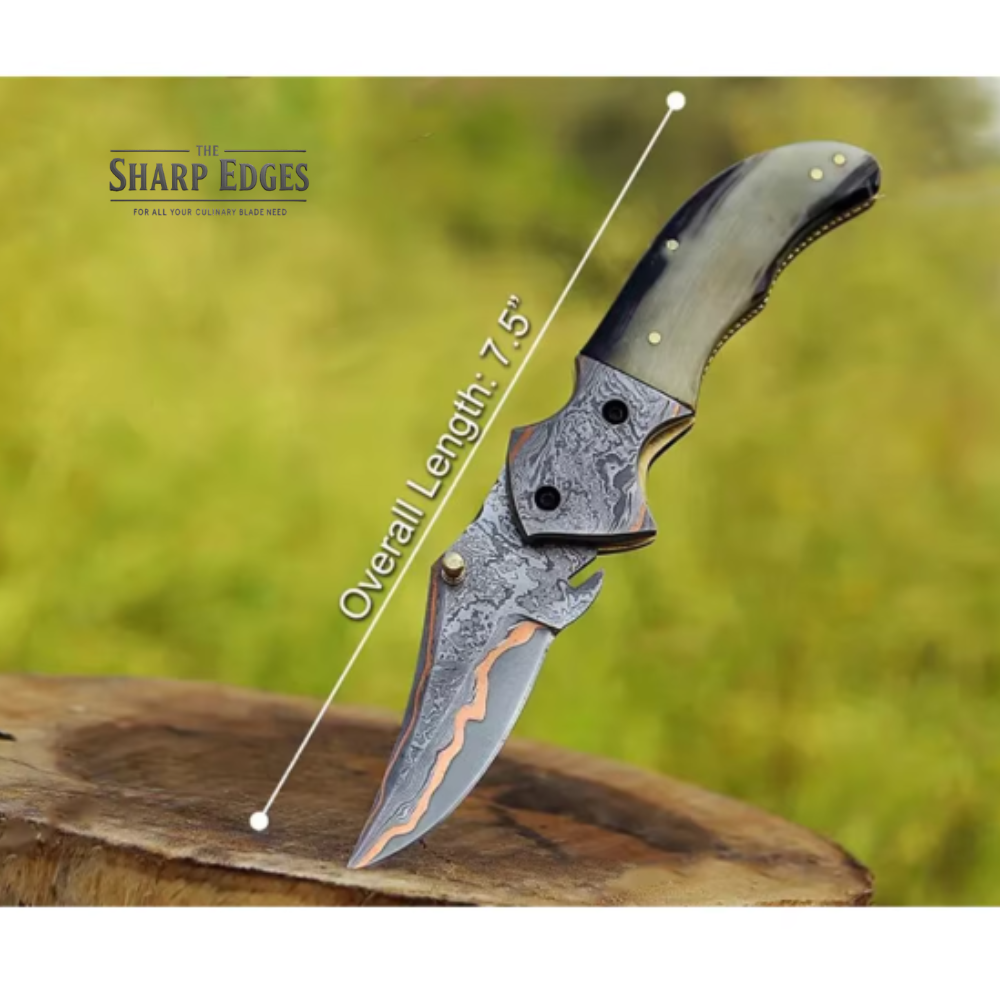 COPPER DAMASCUS STEEL Pocket Knife Handmade Horn Handle Folding Knife Unique and Personalized Gift-
