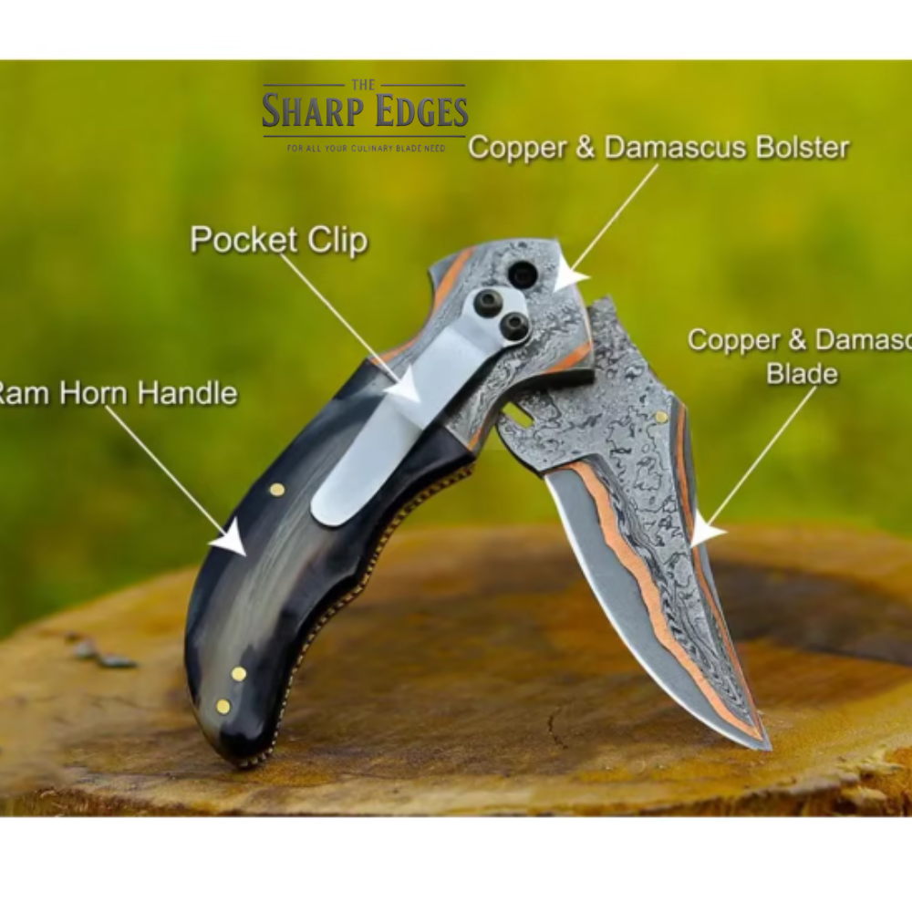 COPPER DAMASCUS STEEL Pocket Knife Handmade Horn Handle Folding Knife Unique and Personalized Gift-