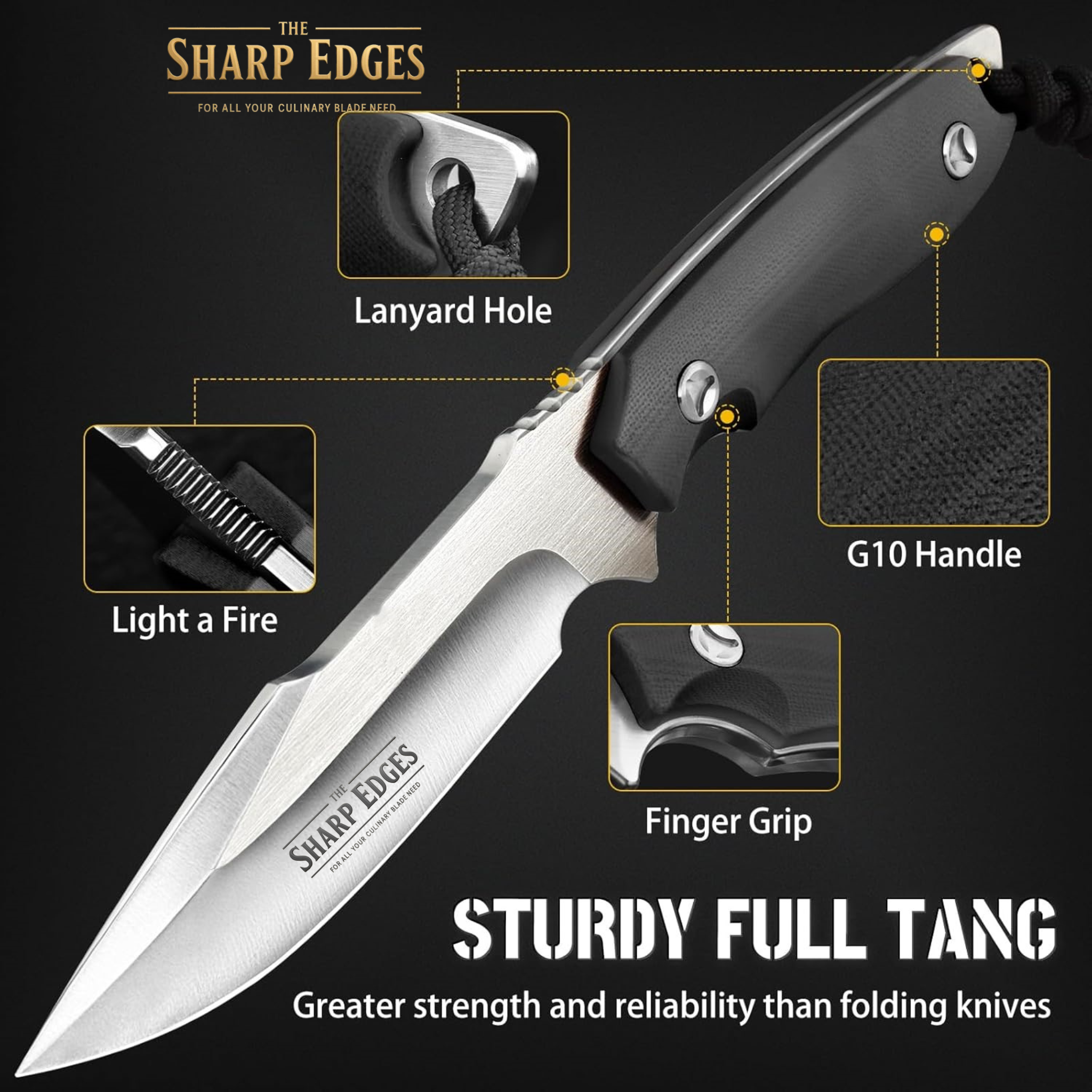 Survival Knife with Fire Starter and Kydex Sheath, 9.25" Full Tang Fixed Blade Camping Knife with Sheath Horizontal & Vertical, Bushcraft Knife with G10 Handle for Outdoor, Hunting, Fishing