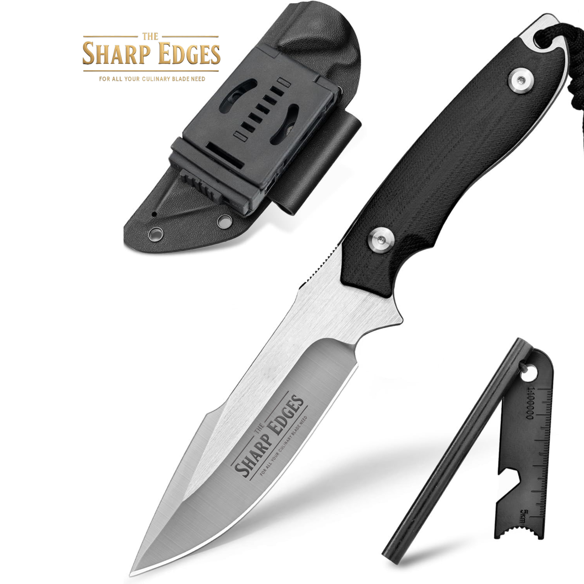 Survival Knife with Fire Starter and Kydex Sheath, 9.25" Full Tang Fixed Blade Camping Knife with Sheath Horizontal & Vertical, Bushcraft Knife with G10 Handle for Outdoor, Hunting, Fishing