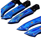 5-Piece Diamond-Hammered Damascus Knife Set, Blue Pakkawood Handle - Chef, Santoku, Paring - Leather Knife Roll - Knife Care Kit
