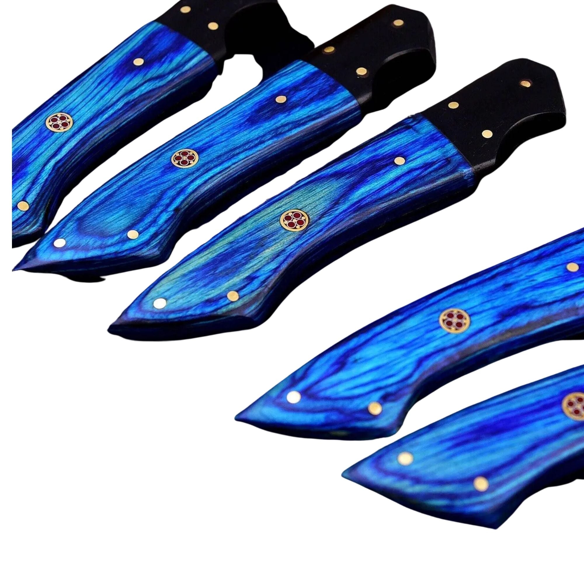 5-Piece Diamond-Hammered Damascus Knife Set, Blue Pakkawood Handle - Chef, Santoku, Paring - Leather Knife Roll - Knife Care Kit
