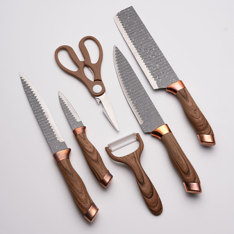 Premium 6-Piece Kitchen Knife Set with Wood Grain Handles & Scissors – The Sharp Edges Collection
