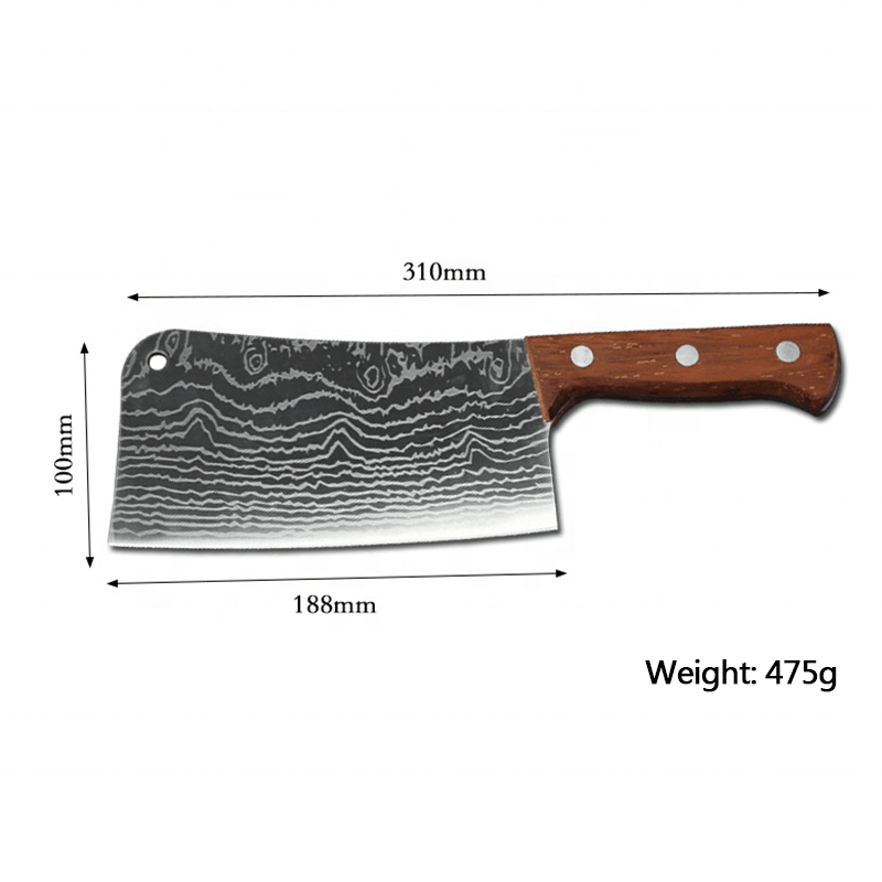 Hand-Forged Damascus Cleaver Knife with Wooden Handle – 310mm Professional Butcher Knife