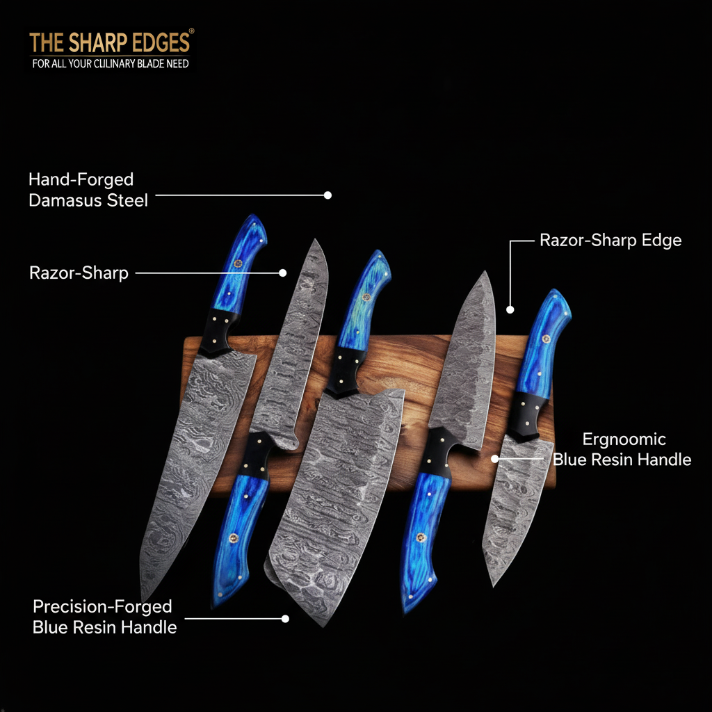 5-Piece Diamond-Hammered Damascus Knife Set, Blue Pakkawood Handle - Chef, Santoku, Paring - Leather Knife Roll - Knife Care Kit