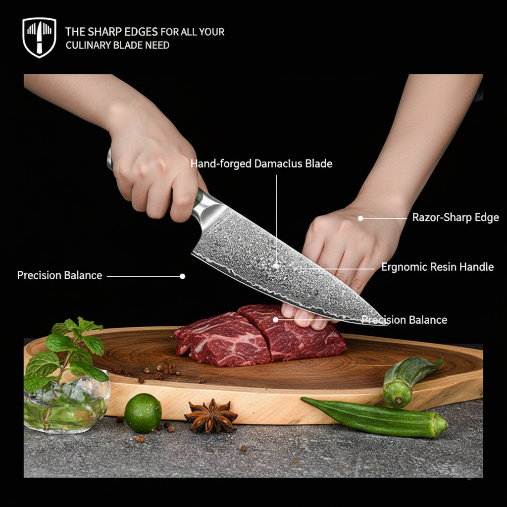 Damascus Chef Knife 8 Inch, Professional Japanese Kitchen Knives Sharp High Carbon Super Steel with Ergonomic Pakkawood Handles, Elegant Gift Box Packaging (Green)