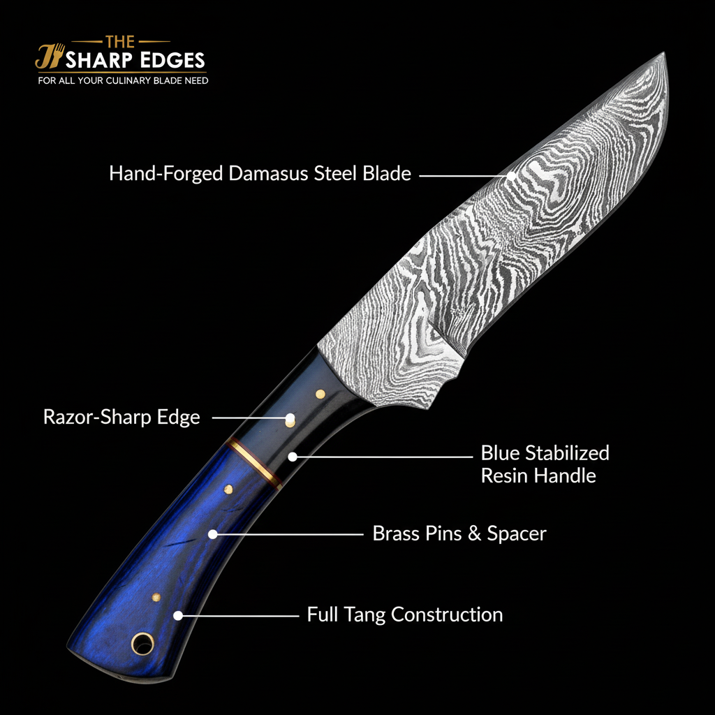 Hand-Forged Damascus Hunting Knife with Blue Resin Handle – Razor Sharp Full Tang Blade