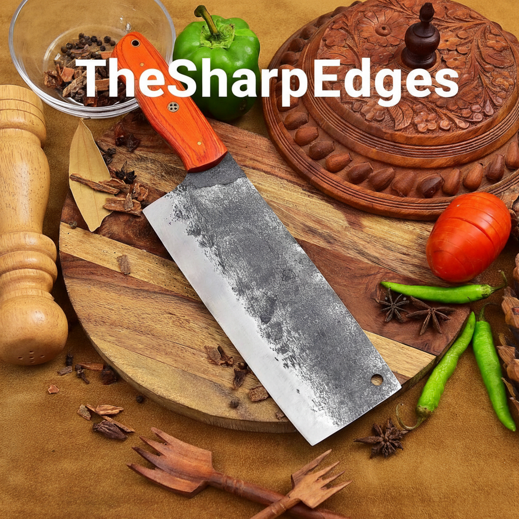 Hand-Forged High Carbon Damascus Steel Cleaver Knife with Orange Pakkawood Handle – TheSharpEdges Edition