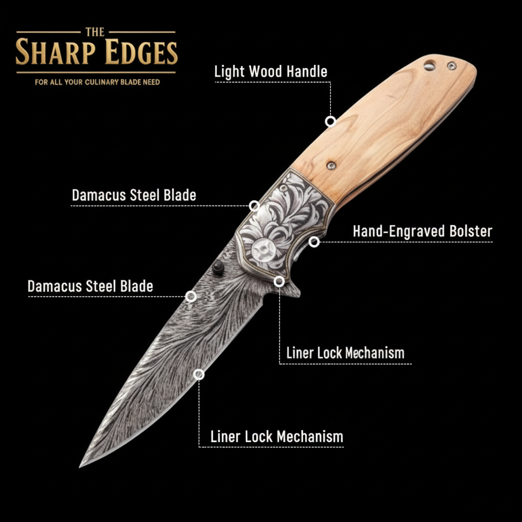 VERTEX DAMASCUS PATTERN POCKET KNIFE WITH EXOTIC OLIVE WOOD HANDLE-Tactical Tools Outdoor Camping Fishing Hunting Knives