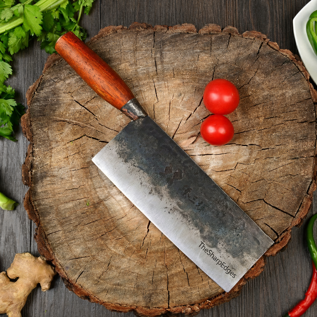 Hand-Forged High Carbon Damascus Steel Cleaver Knife with Orange Pakkawood Handle – TheSharpEdges Edition