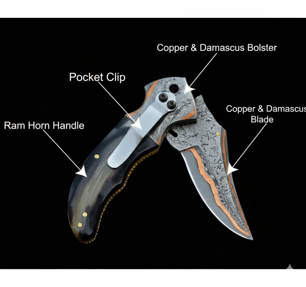 COPPER DAMASCUS STEEL Pocket Knife Handmade Horn Handle Folding Knife Unique and Personalized Gift-