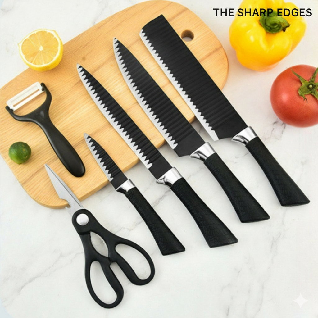 Premium 6-Piece Kitchen Knife Set with Wood Grain Handles & Scissors – The Sharp Edges Collection