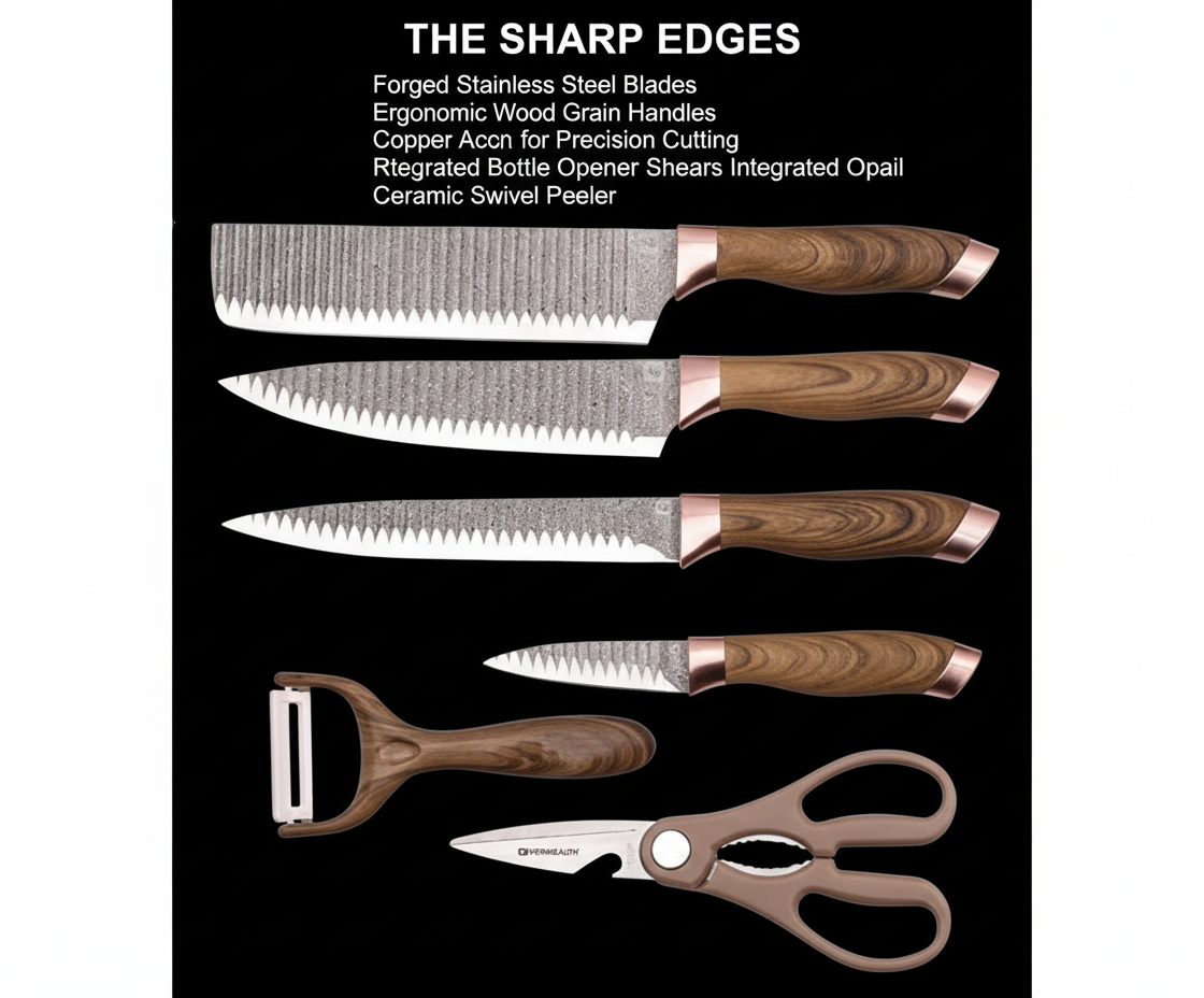 Premium 6-Piece Kitchen Knife Set with Wood Grain Handles & Scissors – The Sharp Edges Collection