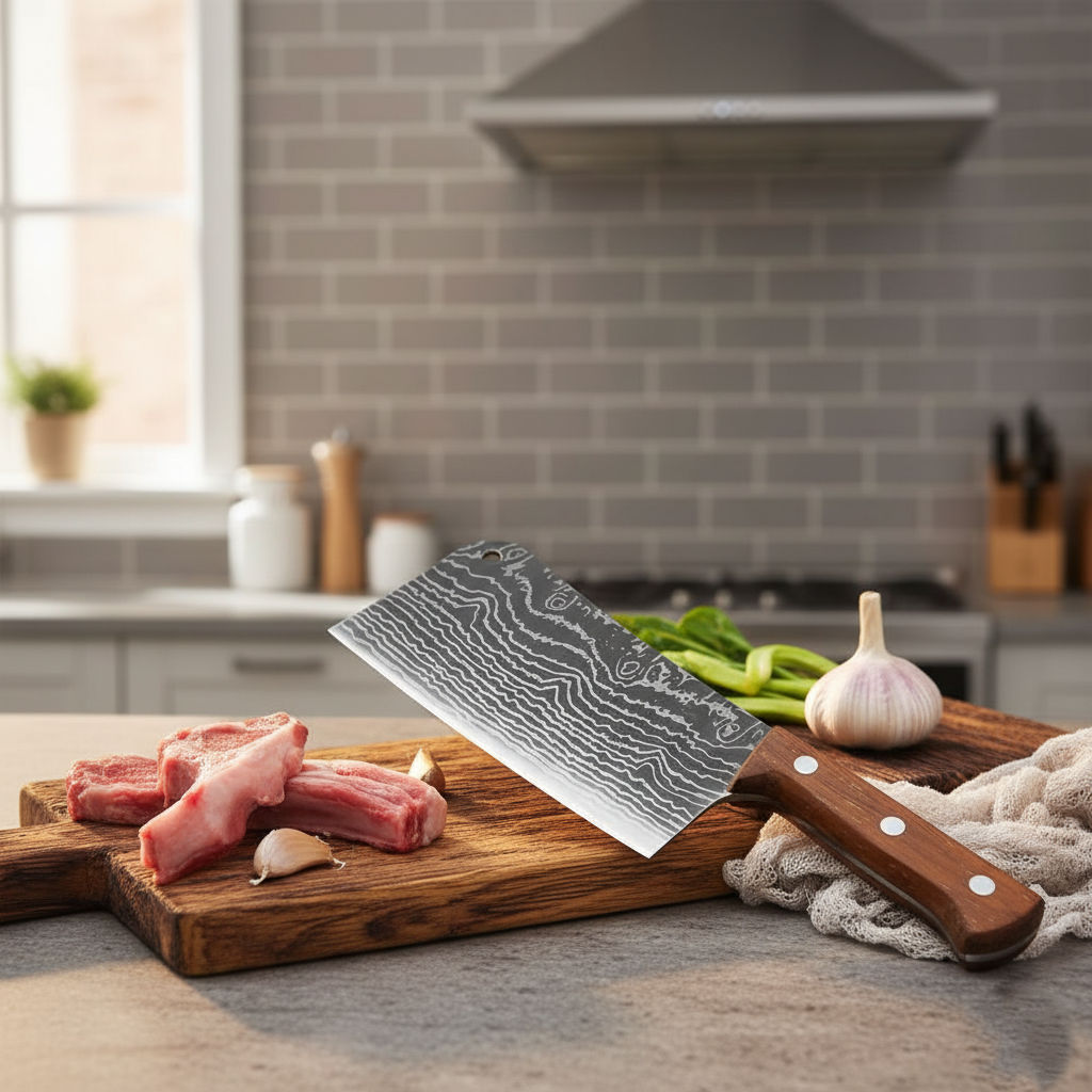 Hand-Forged Damascus Cleaver Knife with Wooden Handle – 310mm Professional Butcher Knife