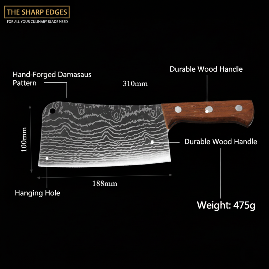 Hand-Forged Damascus Cleaver Knife with Wooden Handle – 310mm Professional Butcher Knife