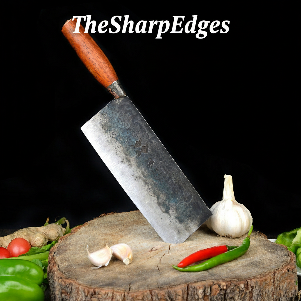 Hand-Forged High Carbon Damascus Steel Cleaver Knife with Orange Pakkawood Handle – TheSharpEdges Edition