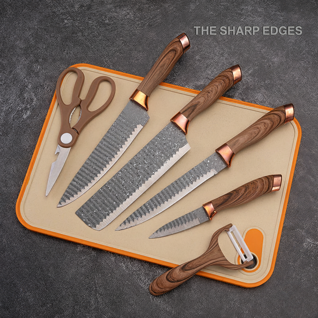 Premium 6-Piece Kitchen Knife Set with Wood Grain Handles & Scissors – The Sharp Edges Collection
