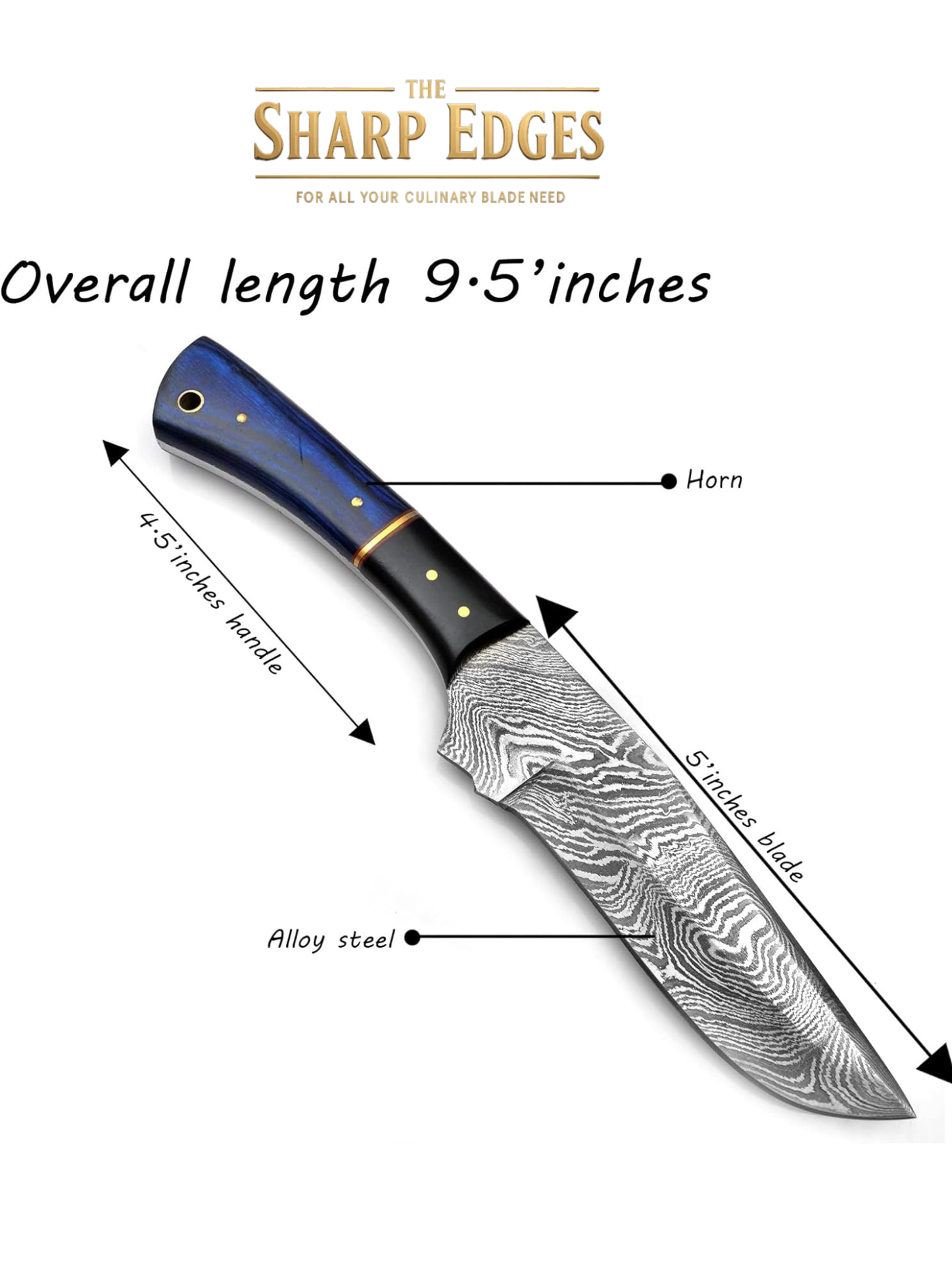 Hand-Forged Damascus Hunting Knife with Blue Resin Handle – Razor Sharp Full Tang Blade