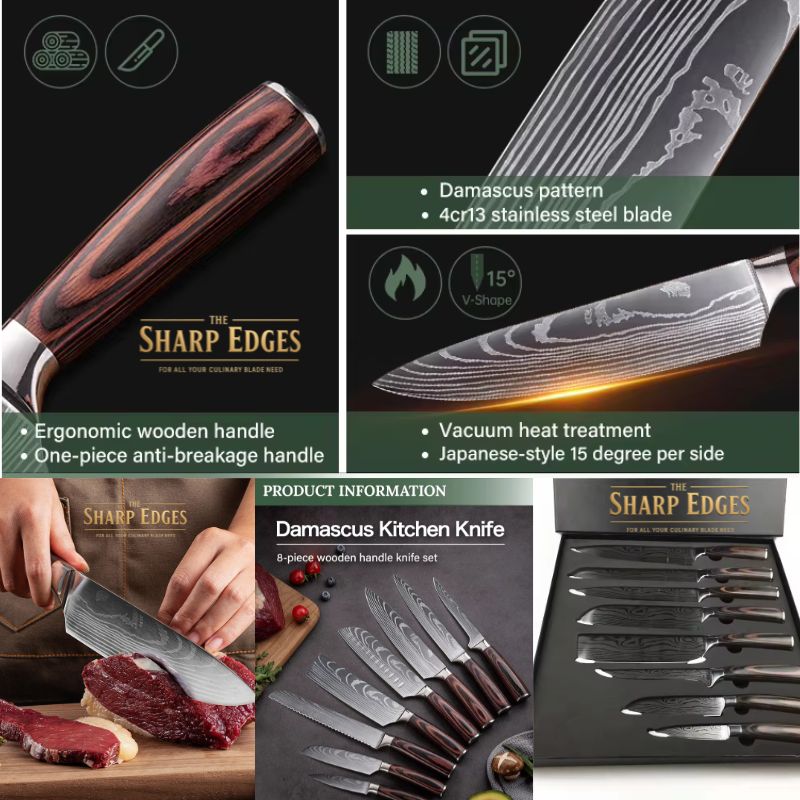 8 Pcs Professional Chef Knife Set with Roll Bag,   Kitchen Knife Set with Sharpener, High Carbon Stainless Steel Kitchen Knives - Forged Triple Rivet, Dishwasher Safe, Chef Gifts,