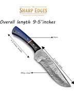 5-Piece Diamond-Hammered Damascus Knife Set, Blue Pakkawood Handle - Chef, Santoku, Paring - Leather Knife Roll - Knife Care Kit