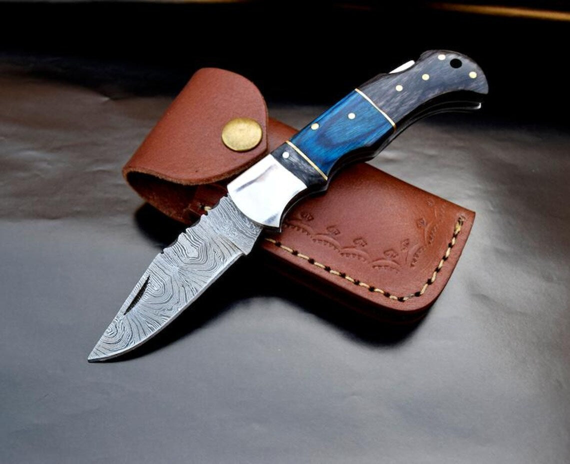 VERTEX DAMASCUS PATTERN POCKET KNIFE WITH EXOTIC OLIVE WOOD HANDLE-Tactical Tools Outdoor Camping Fishing Hunting Knives